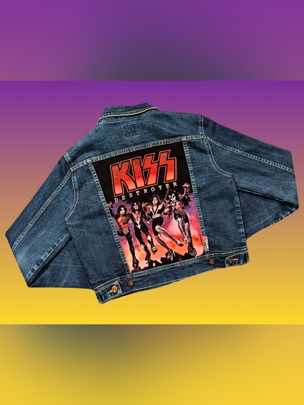 Handmade, Upcycled KISS Denim Jacket Size L for Women